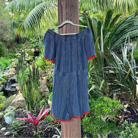 ANTHRO blue romper off the shoulder with embroidery red pompoms sz Large - Picture 8 of 13